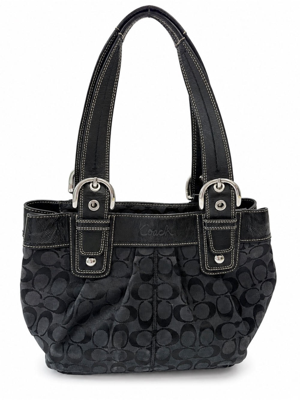 Coach Soho Pleated Signature Jacquard Black Gray Shoulder Bag Tote Teal Lining